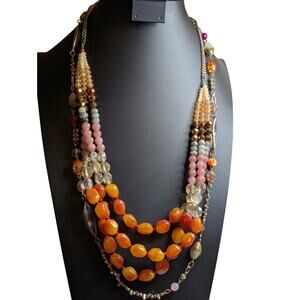 Two Coordinating Loft Beaded Orange Pink Yellow Gold Tone Beaded Long Necklaces